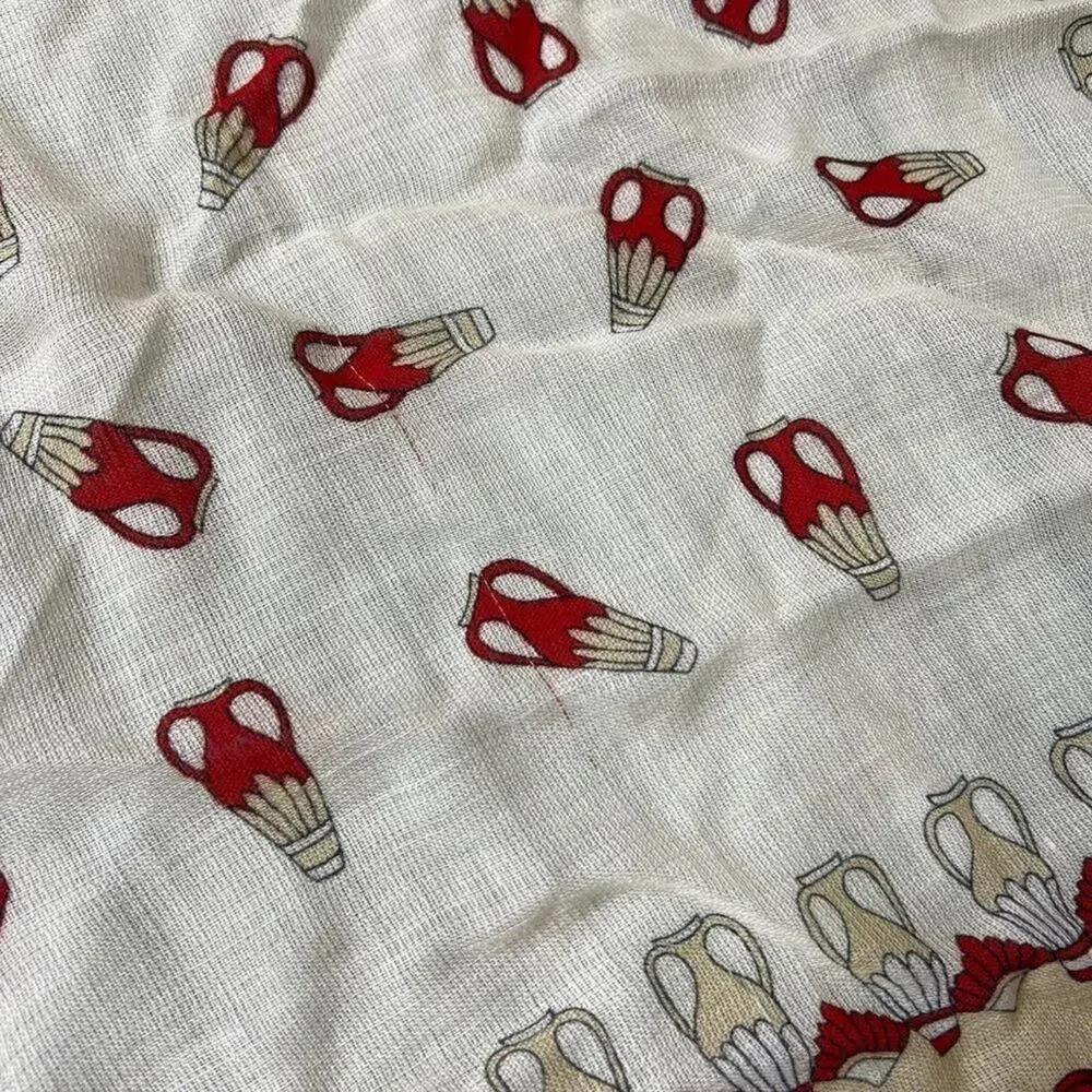 Vintage Square Wool Scarf Red Cream Vase Bottle Print 30